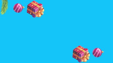 Mavi ekranda canlandırılmış Noel nesneleri, kroma anahtarı. Kış tatili unsurları ile geçiş etkileri