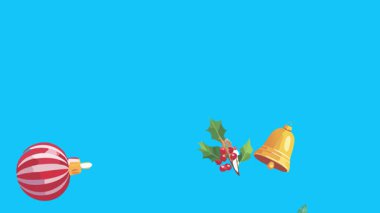 Mavi ekranda canlandırılmış Noel nesneleri, kroma anahtarı. Kış tatili unsurları ile geçiş etkileri