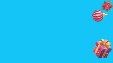 Mavi ekranda canlandırılmış Noel nesneleri, kroma anahtarı. Kış tatili unsurları ile geçiş etkileri