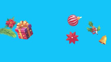 Mavi ekranda canlandırılmış Noel nesneleri, kroma anahtarı. Kış tatili unsurları ile geçiş etkileri