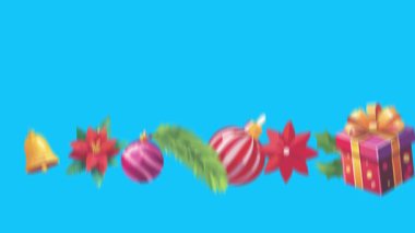 Mavi ekranda canlandırılmış Noel nesneleri, kroma anahtarı. Kış tatili unsurları ile geçiş etkileri