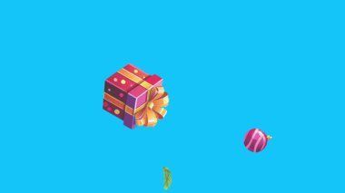 Mavi ekranda canlandırılmış Noel nesneleri, kroma anahtarı. Kış tatili unsurları ile geçiş etkileri