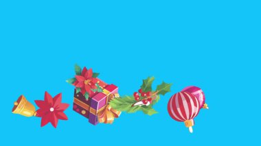 Mavi ekranda canlandırılmış Noel nesneleri, kroma anahtarı. Kış tatili unsurları ile geçiş etkileri