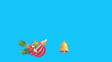 Mavi ekranda canlandırılmış Noel nesneleri, kroma anahtarı. Kış tatili unsurları ile geçiş etkileri