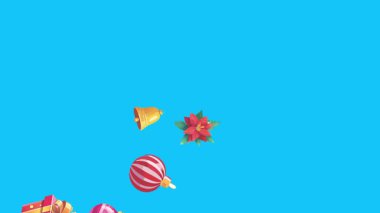 Mavi ekranda canlandırılmış Noel nesneleri, kroma anahtarı. Kış tatili unsurları ile geçiş etkileri