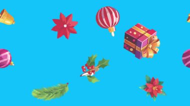 Mavi ekranda canlandırılmış Noel nesneleri, kroma anahtarı. Kış tatili unsurları ile geçiş etkileri