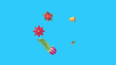 Mavi ekranda canlandırılmış Noel nesneleri, kroma anahtarı. Kış tatili unsurları ile geçiş etkileri