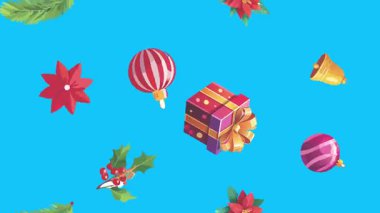 Mavi ekranda canlandırılmış Noel nesneleri, kroma anahtarı. Kış tatili unsurları ile geçiş etkileri