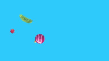 Mavi ekranda canlandırılmış Noel nesneleri, kroma anahtarı. Kış tatili unsurları ile geçiş etkileri