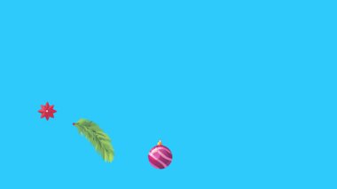 Mavi ekranda canlandırılmış Noel nesneleri, kroma anahtarı. Kış tatili unsurları ile geçiş etkileri
