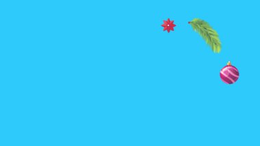 Mavi ekranda canlandırılmış Noel nesneleri, kroma anahtarı. Kış tatili unsurları ile geçiş etkileri