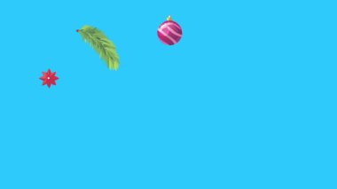 Mavi ekranda canlandırılmış Noel nesneleri, kroma anahtarı. Kış tatili unsurları ile geçiş etkileri