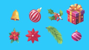 Mavi ekranda canlandırılmış Noel nesneleri, kroma anahtarı. Kış tatili unsurları ile geçiş etkileri