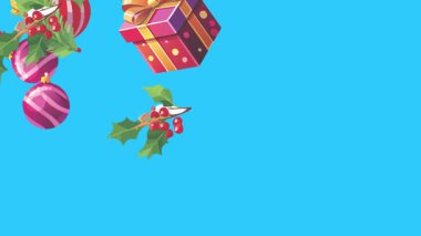 Mavi ekranda canlandırılmış Noel nesneleri, kroma anahtarı. Kış tatili unsurları ile geçiş etkileri
