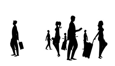 Yürüyen, seyahat eden ve iş yapan insanların siluetleri