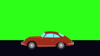 Yeşil ekran döngüsü yolda giden eski arabanın çizgi film animasyonu