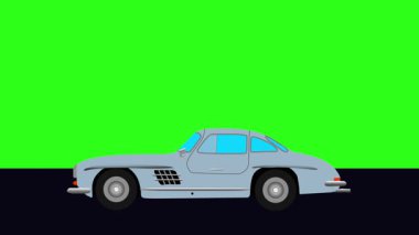 Yeşil ekran döngüsü yolda giden eski arabanın çizgi film animasyonu