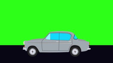 Yeşil ekran döngüsü yolda giden eski arabanın çizgi film animasyonu