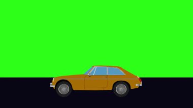 Yeşil ekran döngüsü yolda giden eski arabanın çizgi film animasyonu