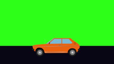Yeşil ekran döngüsü yolda giden eski arabanın çizgi film animasyonu