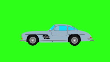 Eski araba sürüşünün çizgi filmi, yeşil ekran.