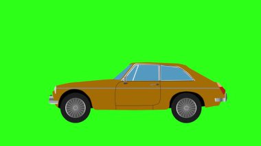 Eski araba sürüşünün çizgi filmi, yeşil ekran.