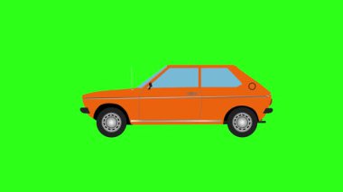 Eski araba sürüşünün çizgi filmi, yeşil ekran.