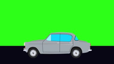 Yeşil ekran arka planlı Retro araba çizgi film animasyon sürücüsü yolda.