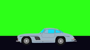 Yeşil ekran arka planlı Retro araba çizgi film animasyon sürücüsü yolda.