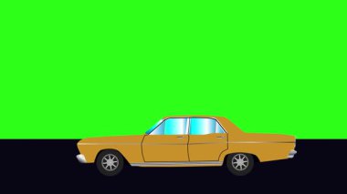 Yeşil ekran arka planlı Retro araba çizgi film animasyon sürücüsü yolda.