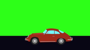 Yeşil ekran arka planlı Retro araba çizgi film animasyon sürücüsü yolda.