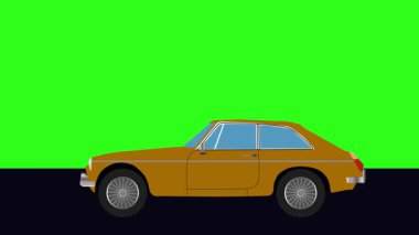 Yeşil ekran arka planlı Retro araba çizgi film animasyon sürücüsü yolda.