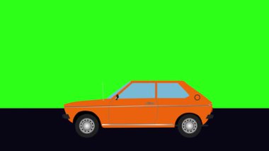 Yeşil ekran arka planlı Retro araba çizgi film animasyon sürücüsü yolda.