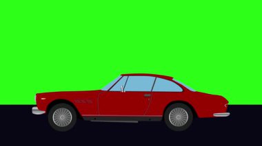 Yeşil ekran arka planlı Retro araba çizgi film animasyon sürücüsü yolda.