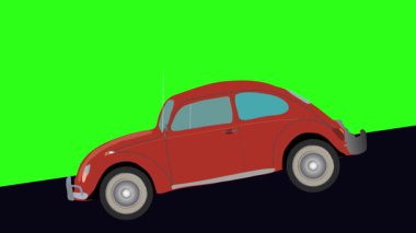 Yeşil ekran, vadiden aşağı inen retro araba çizgi filmi animasyonu.