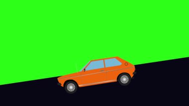 Yeşil ekran, vadiden aşağı inen retro araba çizgi filmi animasyonu.