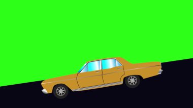Yeşil ekran, vadiden aşağı inen retro araba çizgi filmi animasyonu.