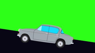 Tepeye doğru giden yeşil ekran retro araba çizgi film animasyonu.