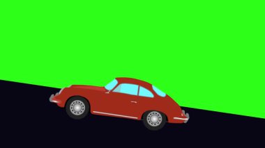 Tepeye doğru giden yeşil ekran retro araba çizgi film animasyonu.