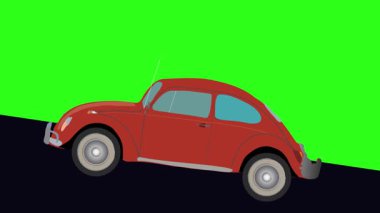 Tepeye doğru giden yeşil ekran retro araba çizgi film animasyonu.