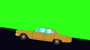 Tepeye doğru giden yeşil ekran retro araba çizgi film animasyonu.