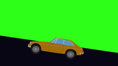 Tepeye doğru giden yeşil ekran retro araba çizgi film animasyonu.