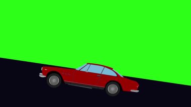 Tepeye doğru giden yeşil ekran retro araba çizgi film animasyonu.