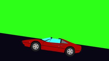 Tepeye doğru giden yeşil ekran retro araba çizgi film animasyonu.