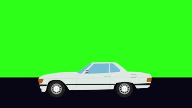 Yeşil ekran döngüsü yolda giden eski arabanın çizgi film animasyonu