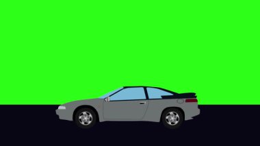 Yeşil ekran döngüsü yolda giden eski arabanın çizgi film animasyonu