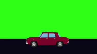 Yeşil ekran döngüsü yolda giden eski arabanın çizgi film animasyonu
