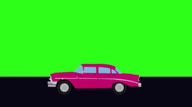 Yeşil ekran döngüsü yolda giden eski arabanın çizgi film animasyonu