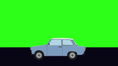 Yeşil ekran döngüsü yolda giden eski arabanın çizgi film animasyonu