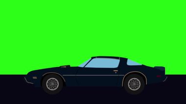 Yeşil ekran arka planlı Retro araba çizgi film animasyon sürücüsü yolda.